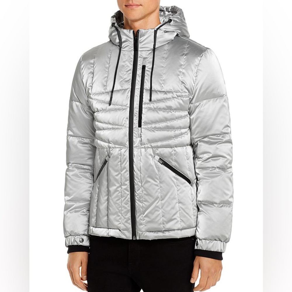 Karl Lagerfeld Men’s Geometric Quilted Hooded Jacket in Silver